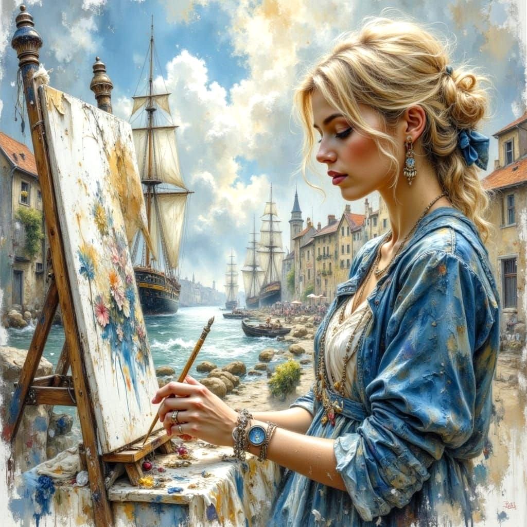 French Artist Paints Harbor Scene in Watercolor Mixed Media