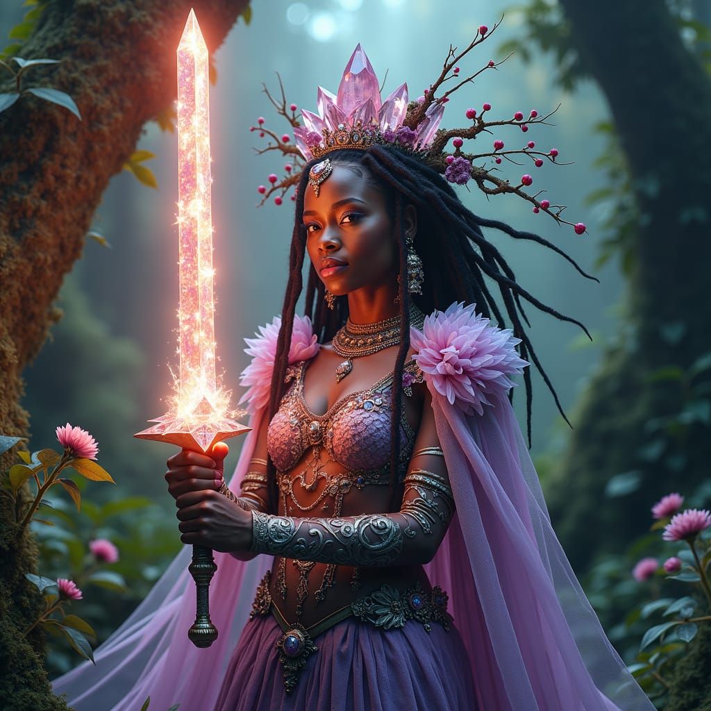 Crystalline Dreadlock Queen with Crystal Sword, Hyperreal Po...