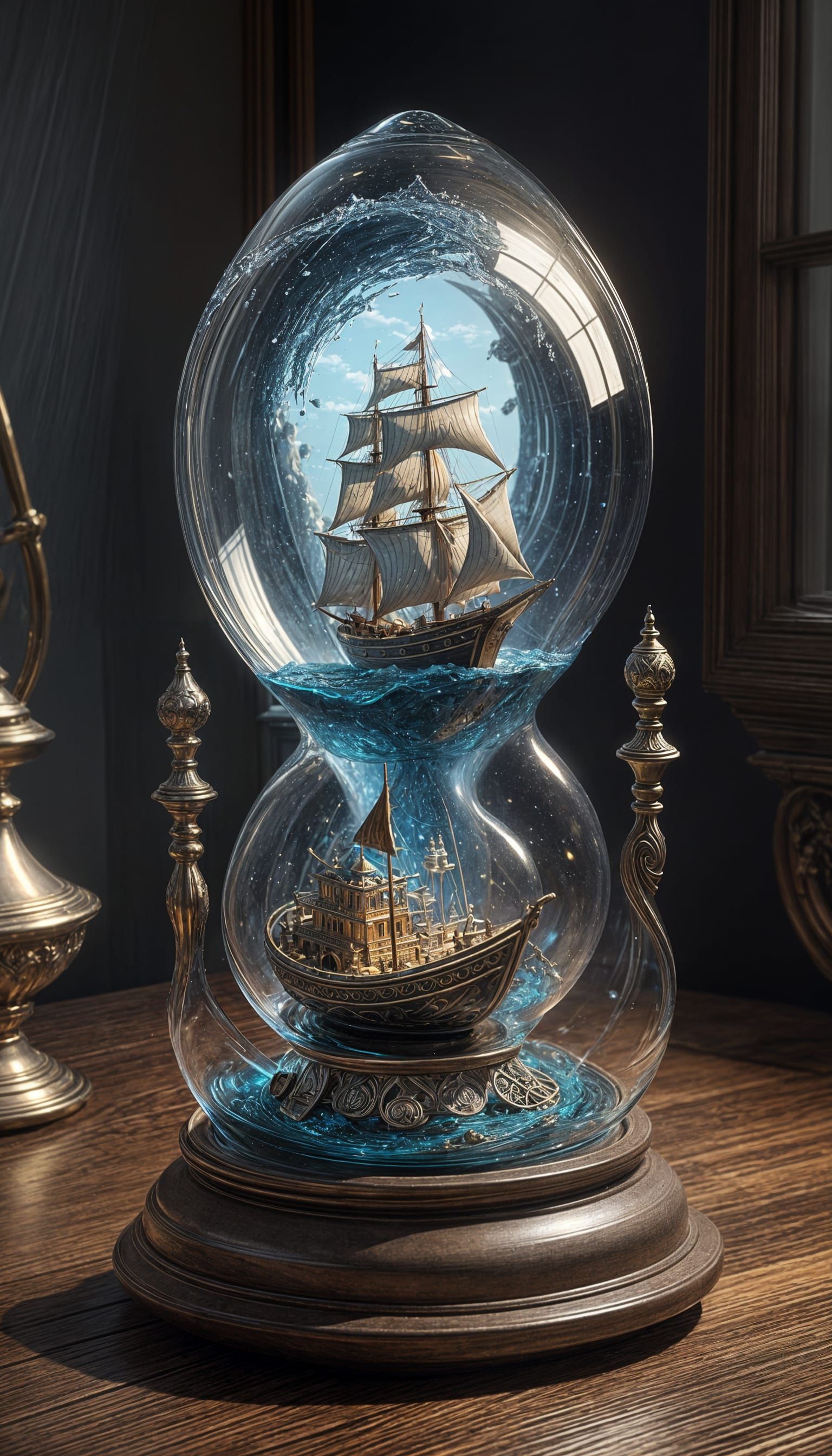 Surreal Oil Painting of Tiny Boat Inside Elegant Hourglass