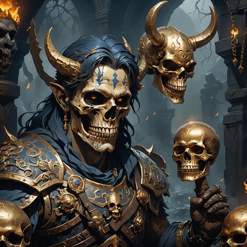 Zagreus Smirking with Skull: Fantasy Concept Art