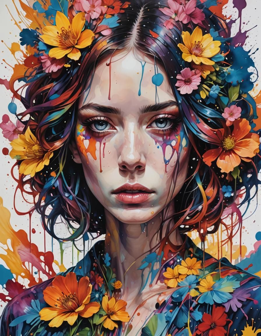 Sad Woman in Multicolored Splash Art Portrait