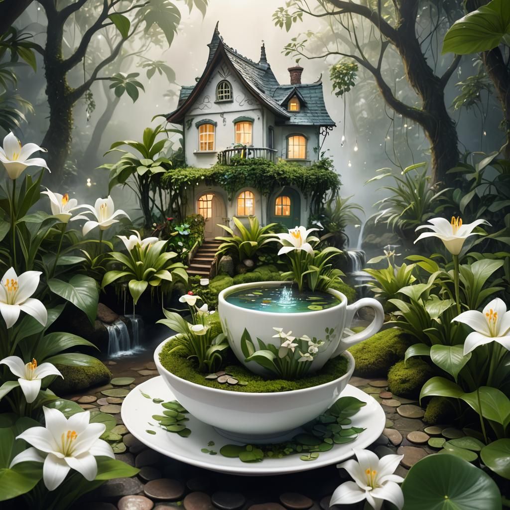 Miniature Fantasy Garden Inside a Teacup, Digital Art
