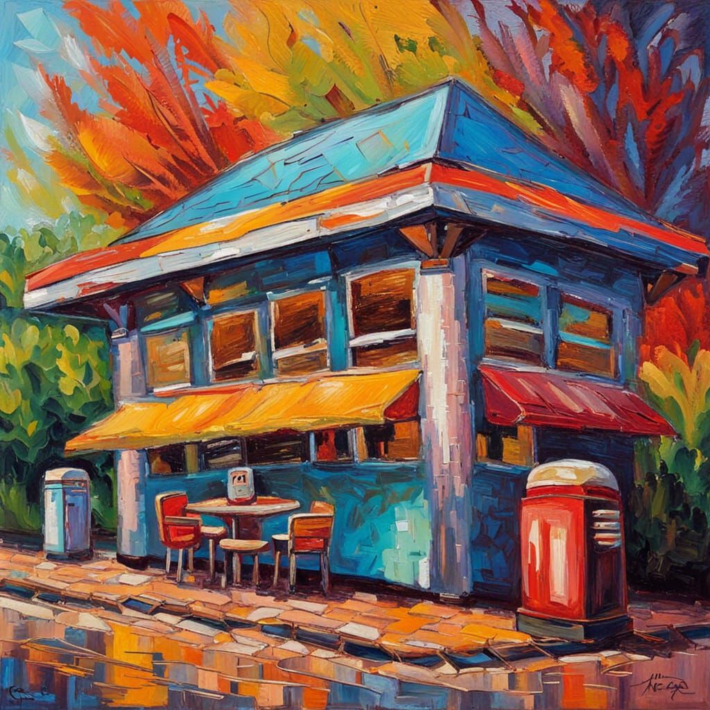 roadside diner, neo-impressionism expressionist style oil pa...