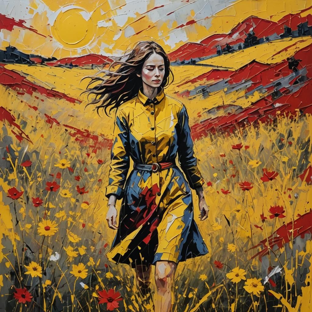 Woman in Meadow: Abstract Expressionist Oil Painting