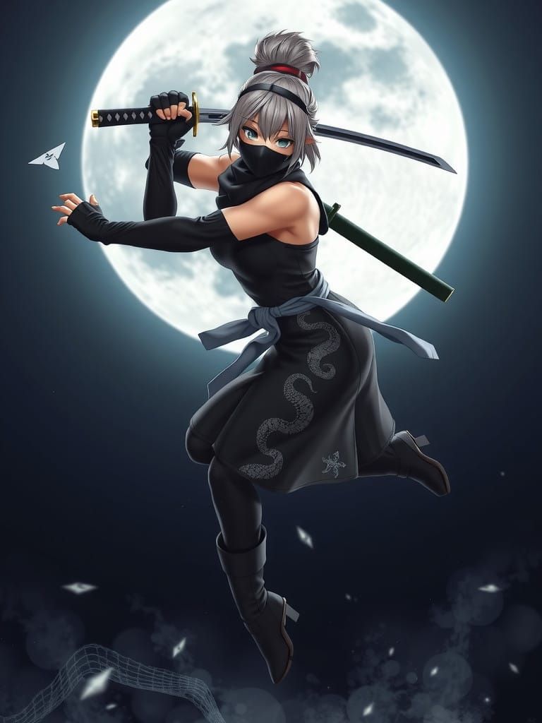 Ninja Kunoichi Leaps Under Full Moonlight