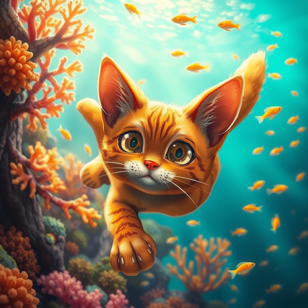 Ginger Cat Floats in Surreal Underwater Coral Reef