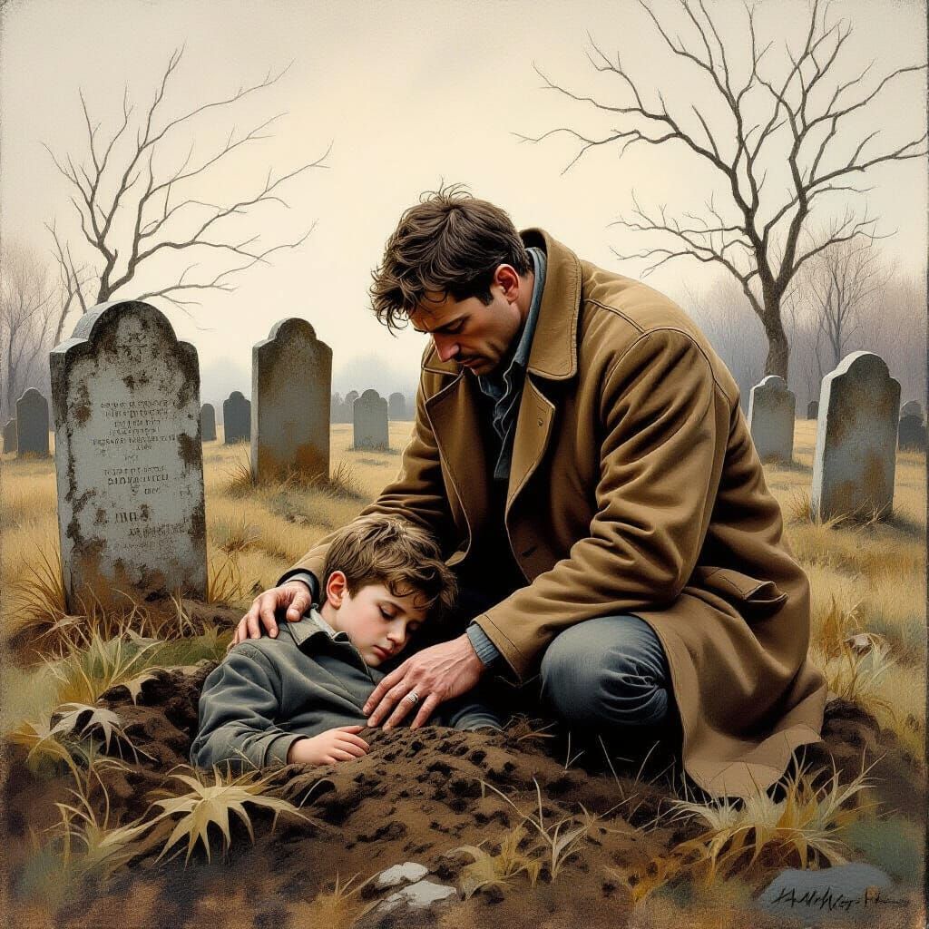 Grieving Father Buries Son: A Somber Realistic Painting