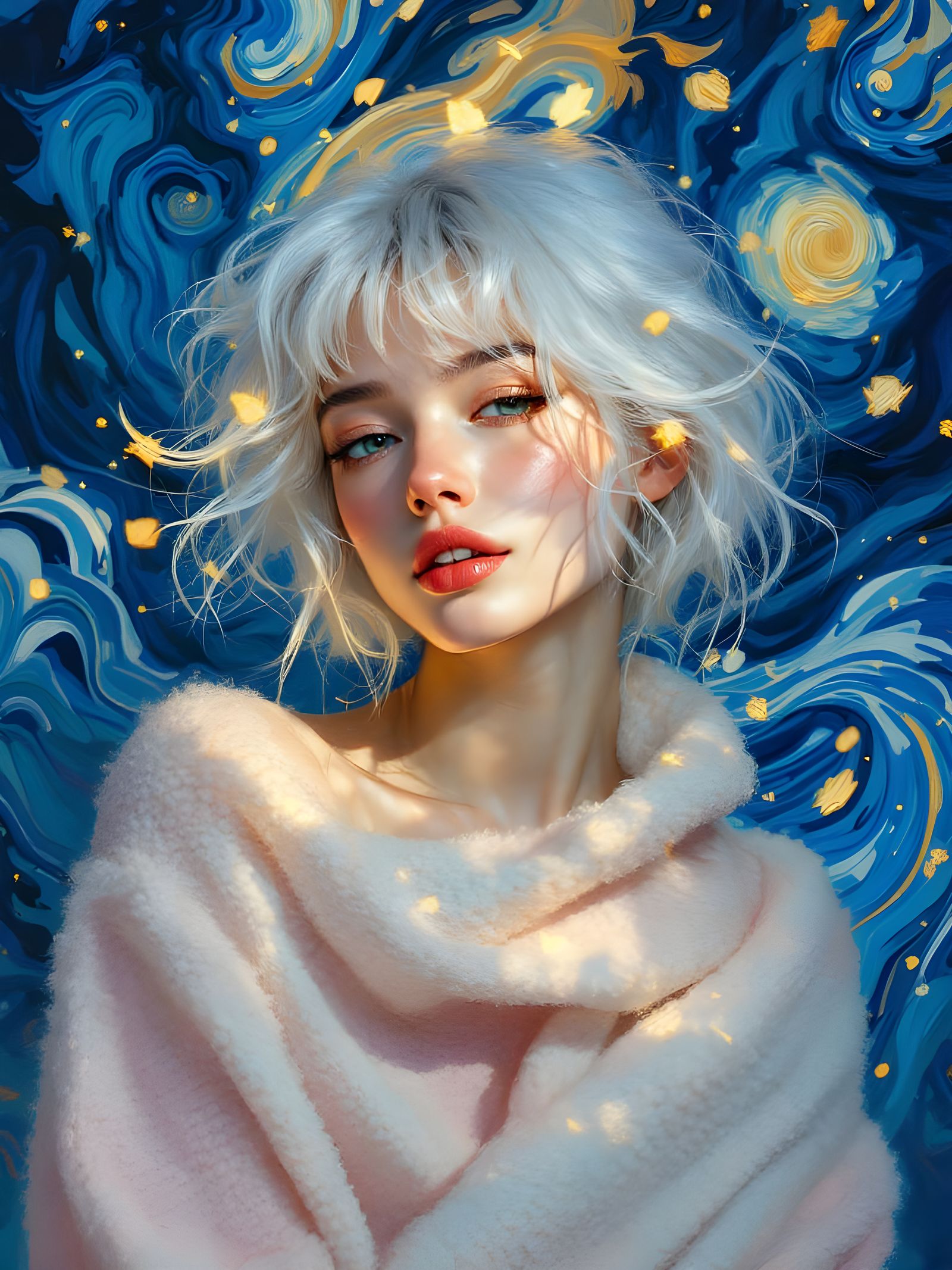 Alluring Woman in Starry Night-Inspired Background