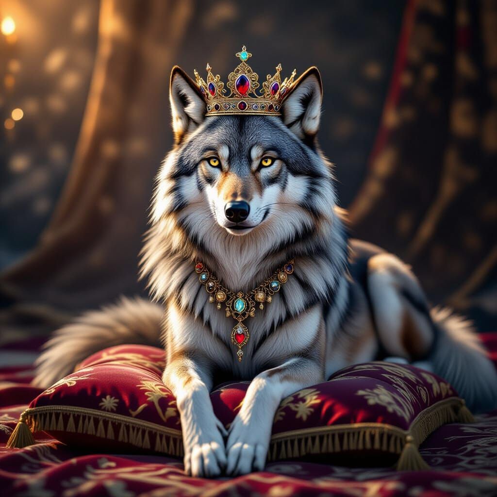 Elegant Lady Wolf in Royal Crown on Velvet Pillow