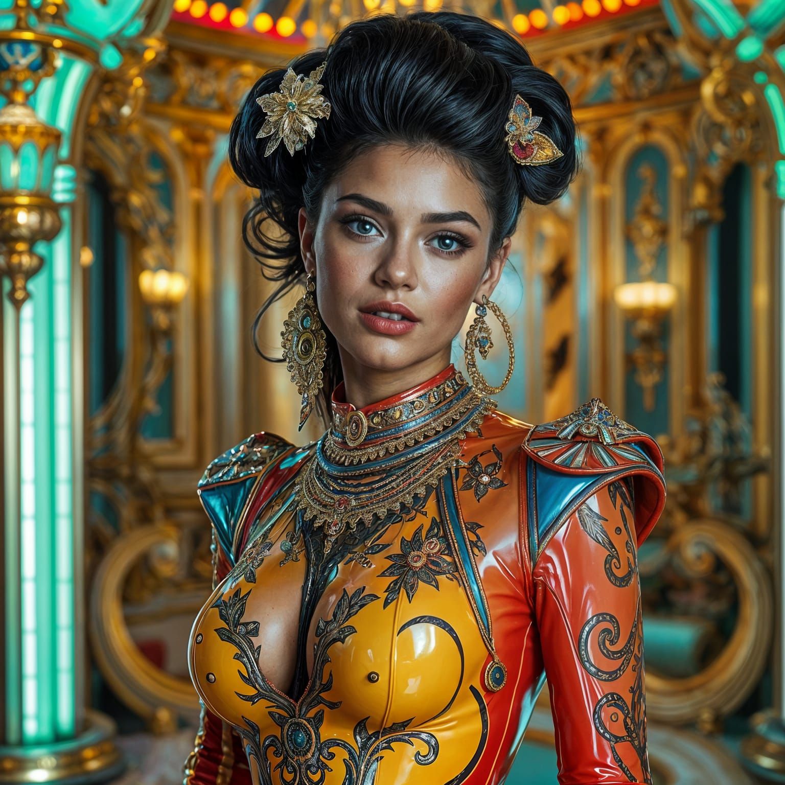 Hyperrealistic Woman in Glossy Latex Dress