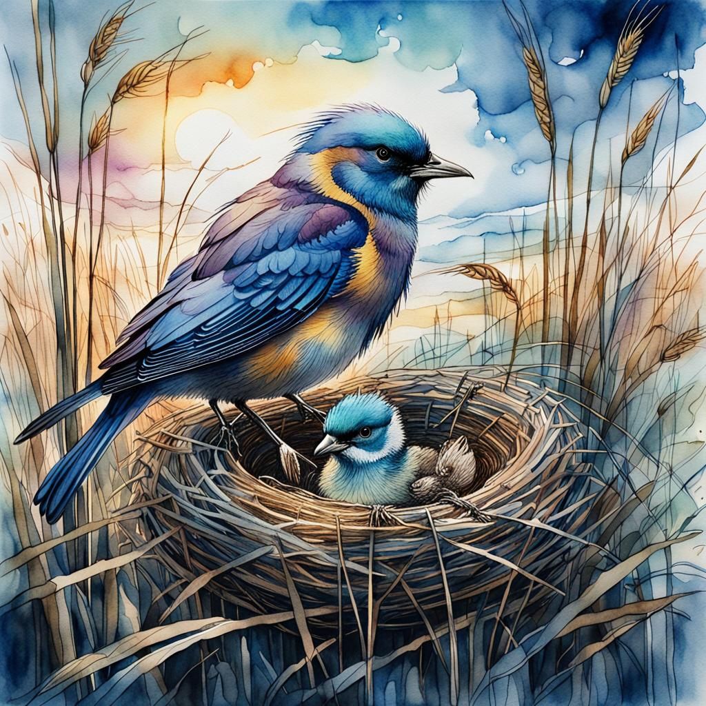 Bird on Nest in Reeds, Whimsical Watercolor Style