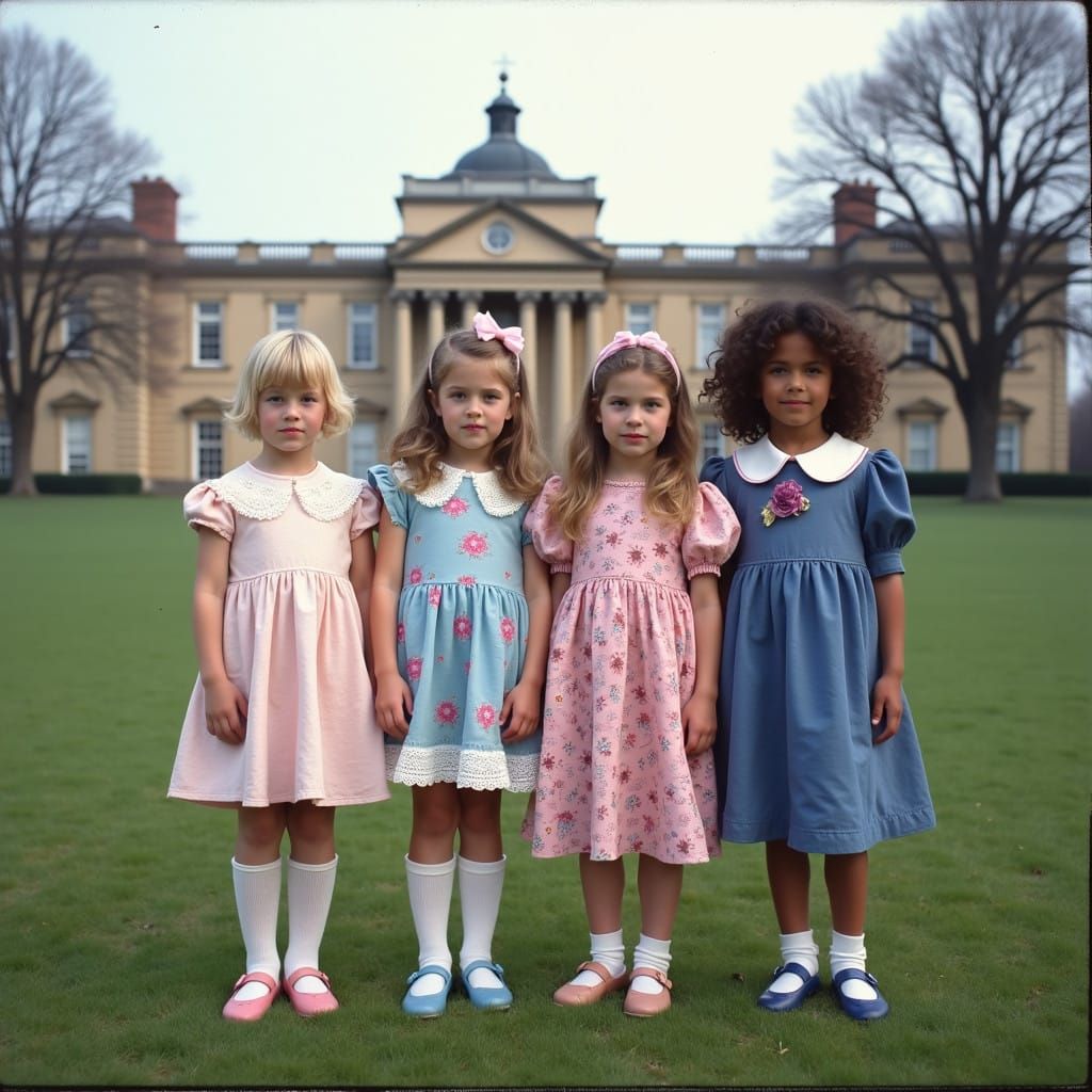Vintage Girls Pose in Front of Elegant Mansion