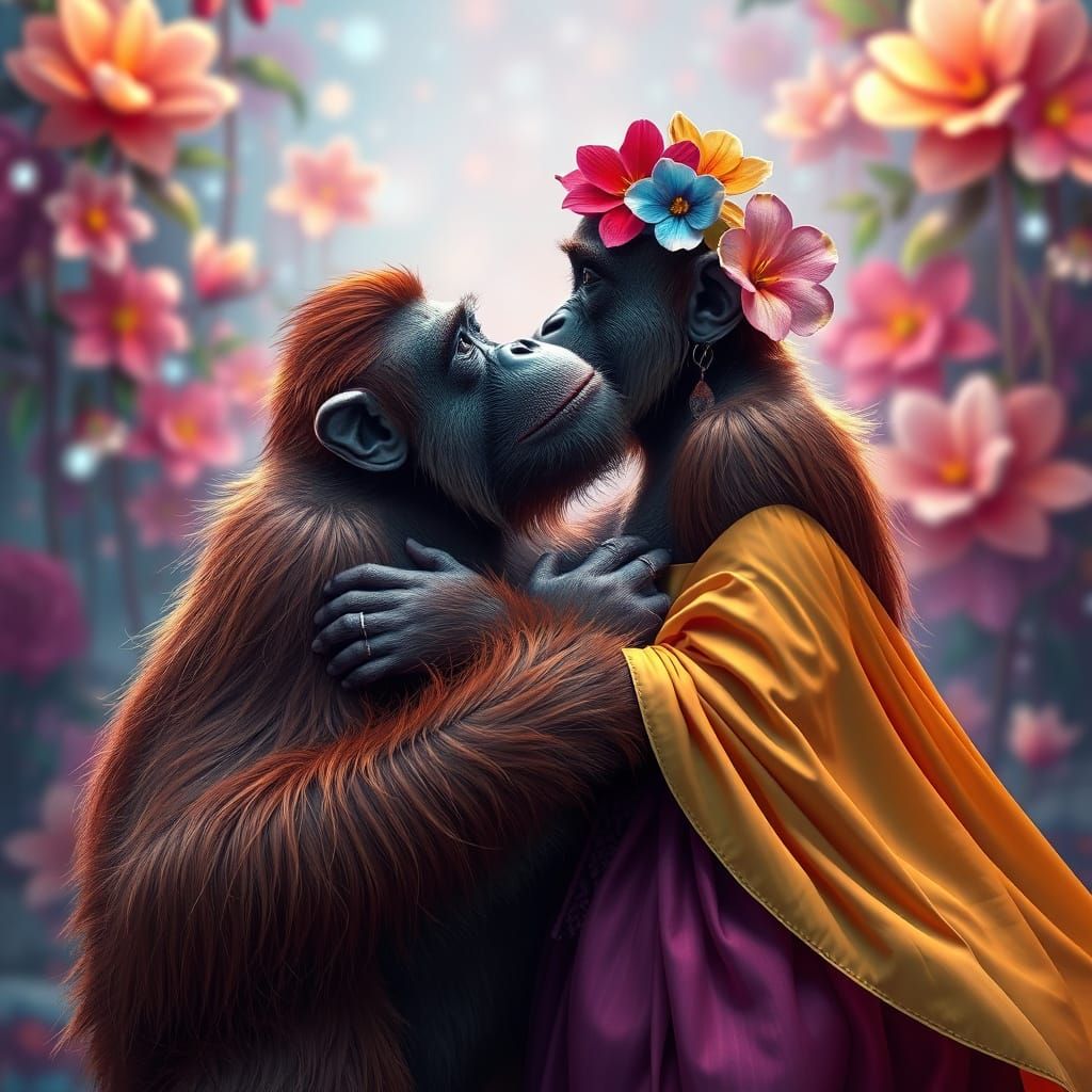 A photo realistic whimsical silly funny full view style centered two orangutans are madly in love, looking crazy, huggin...