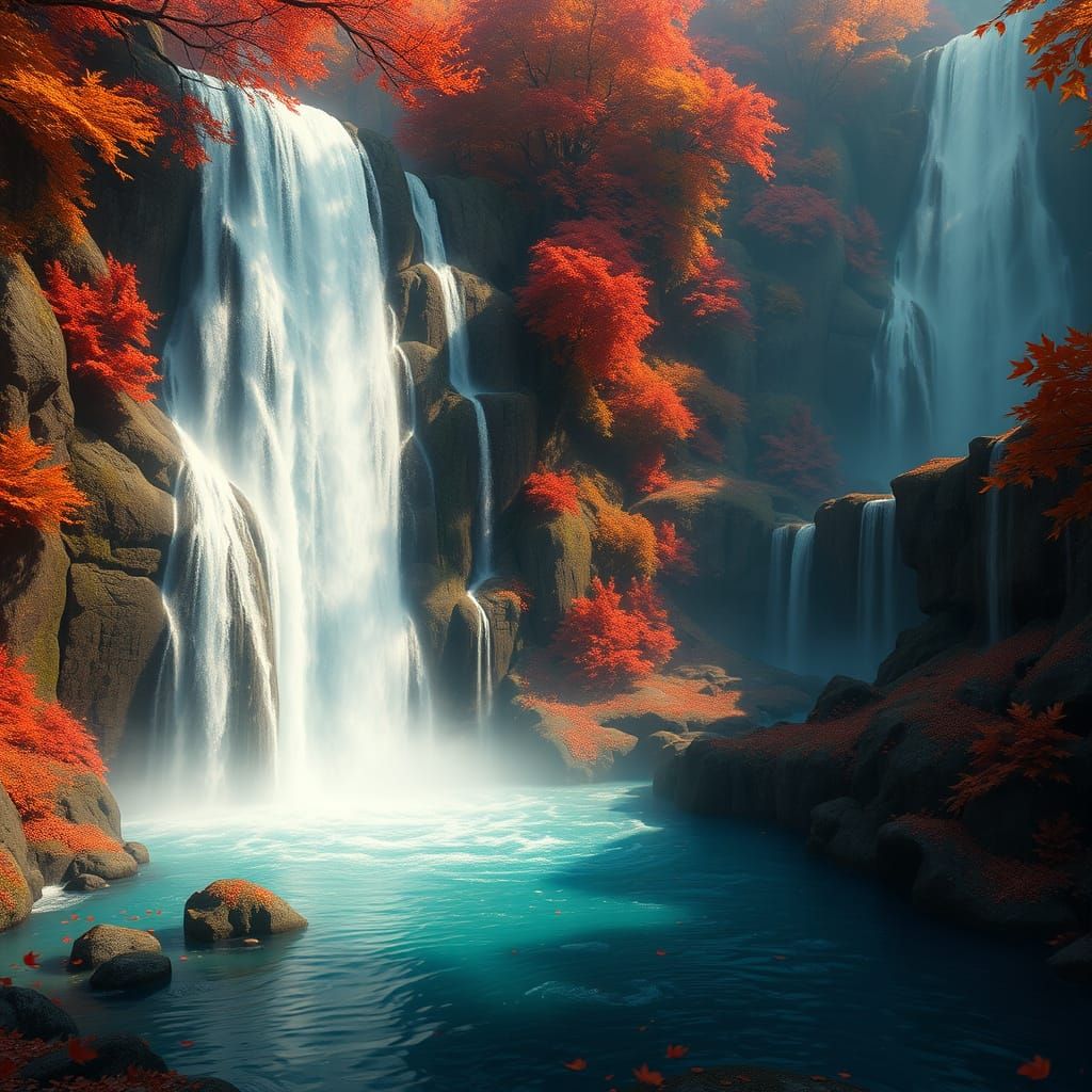 Autumn Waterfall Reflections in Detailed Matte Painting