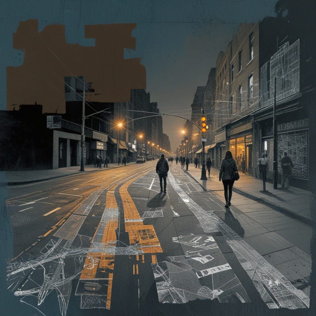 Textured Urban Collage with Intricate Line Drawing