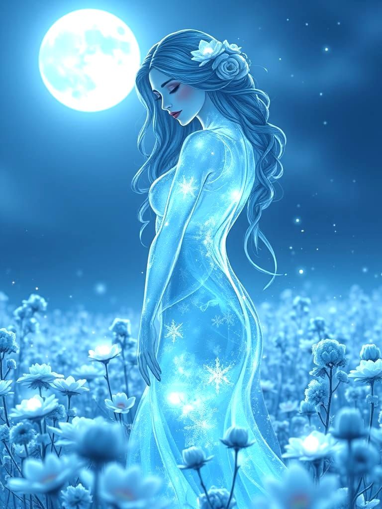 Glowing Ice Woman Amidst Frost Flowers Under Moonlight
