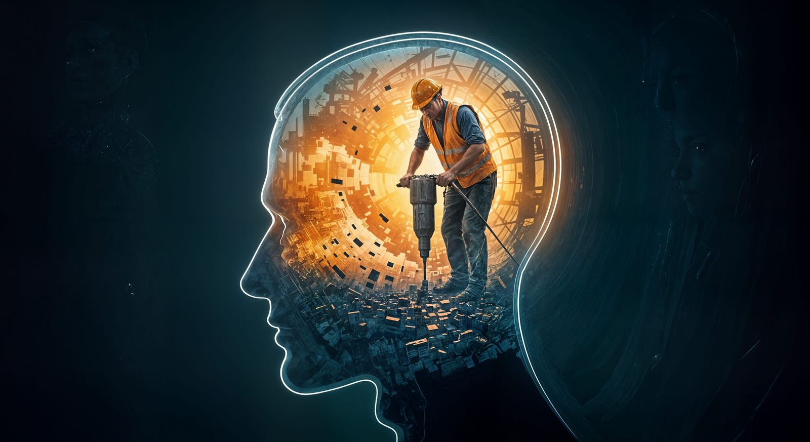 Transparent Man's Head with Construction Worker Inside
