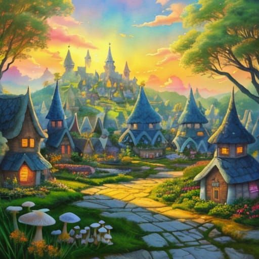 Whimsical Mushroom Village in Watercolor Style