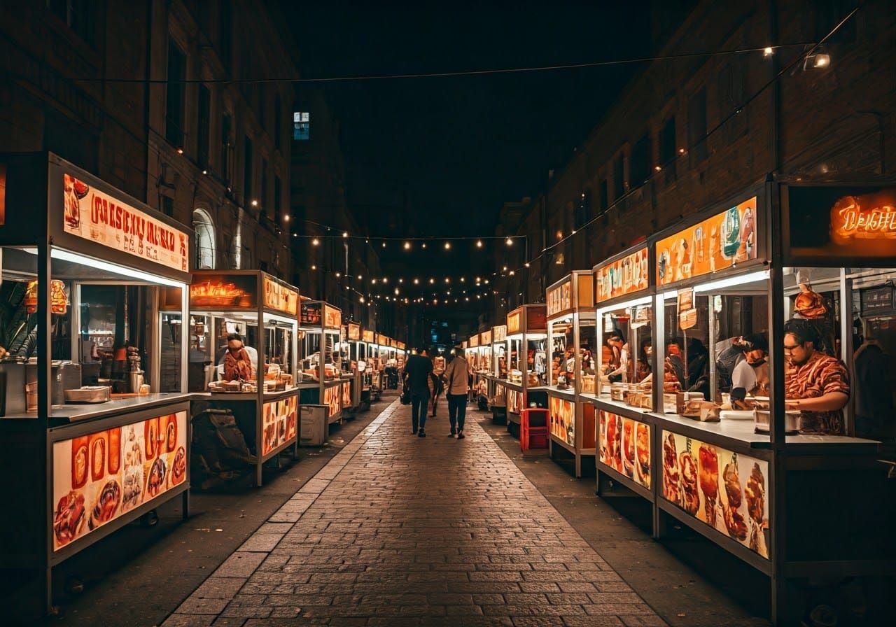 Global Street Food Vendors in Vibrant Nightlife Scene