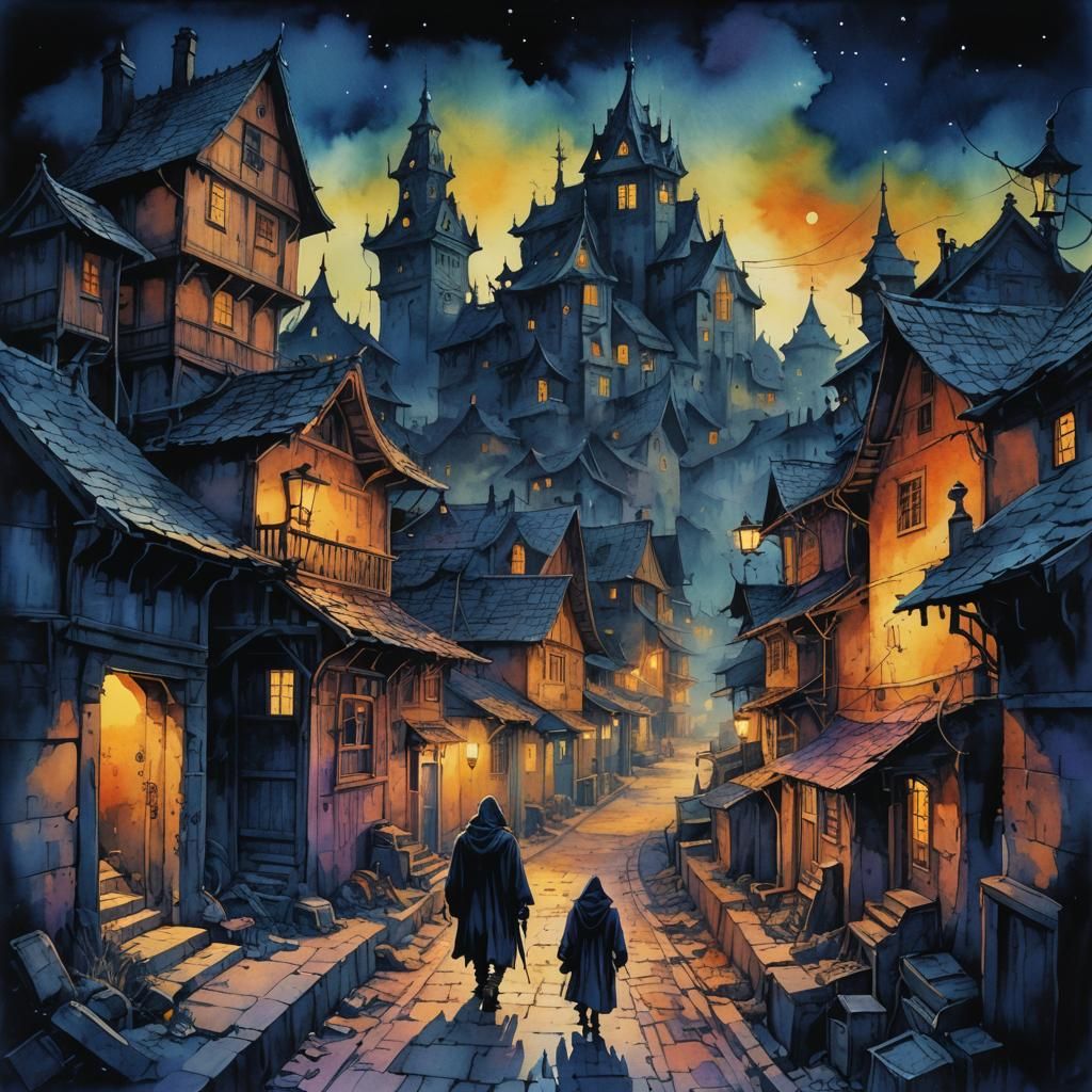 Hideous Beast Prowls Macabre Village in Watercolor