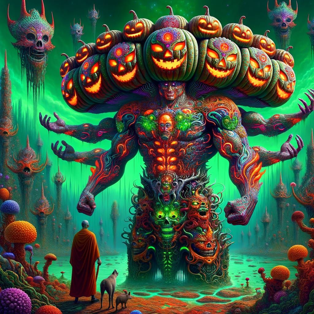 Psychedelic Multi-Faced Pumpkin God on Alien Planet
