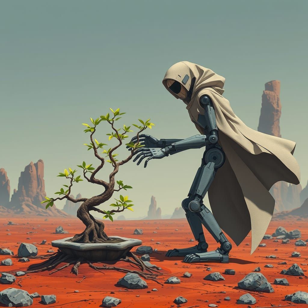 Melancholic Robot and Bonsai on Desolate Planet