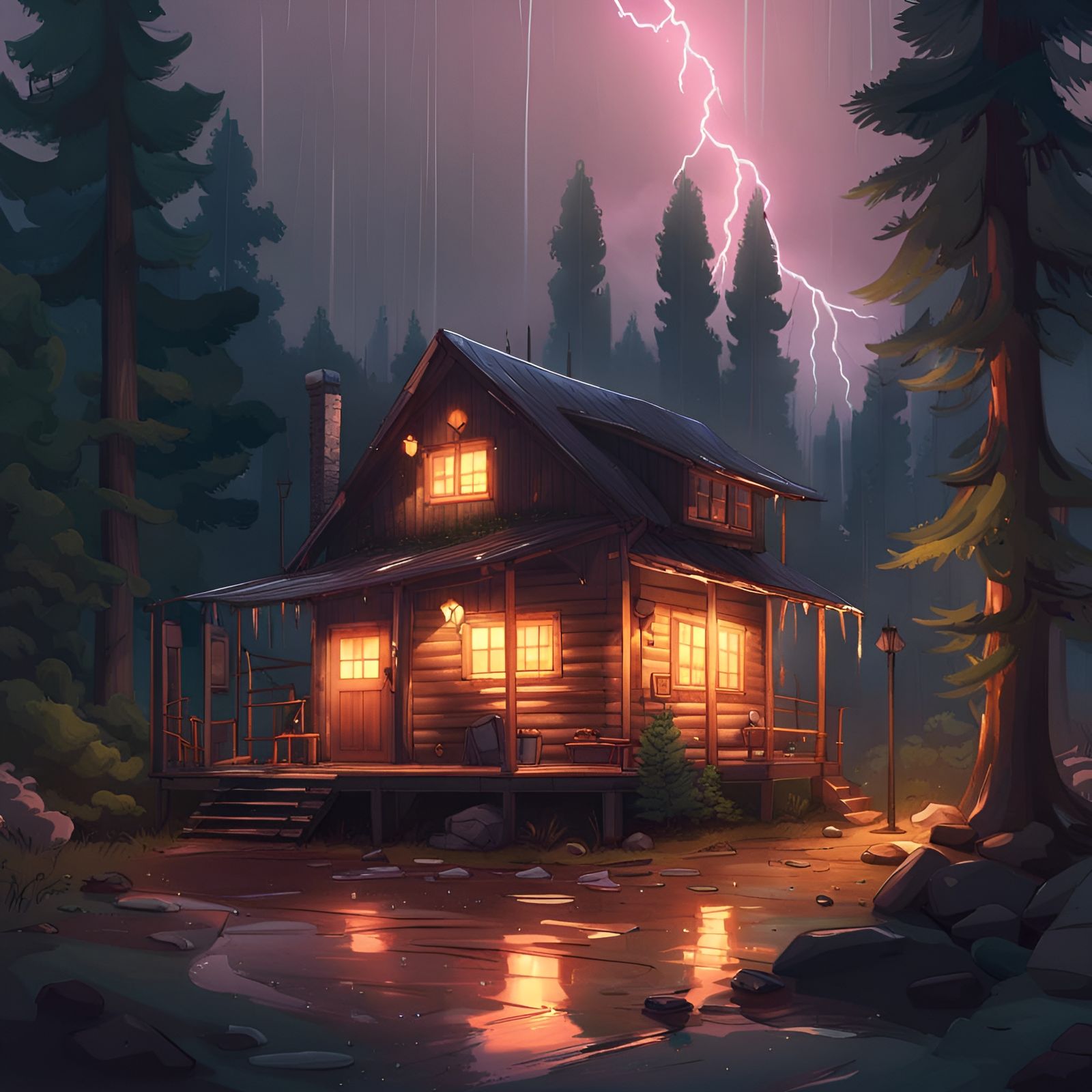 Cozy Cabin in the Woods: Anime Digital Art