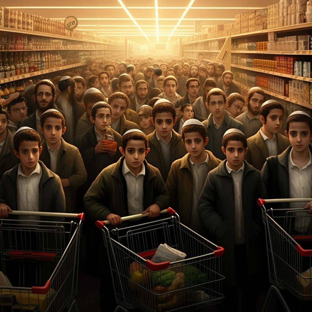 Hyperrealistic Supermarket Queue of Israeli Men
