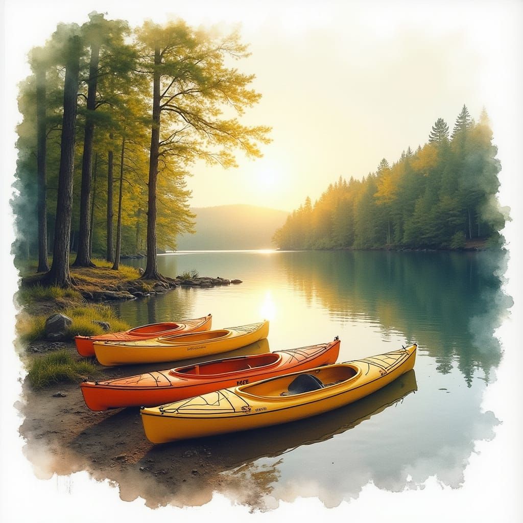 Golden Lake Kayaks in Soft Watercolor Style