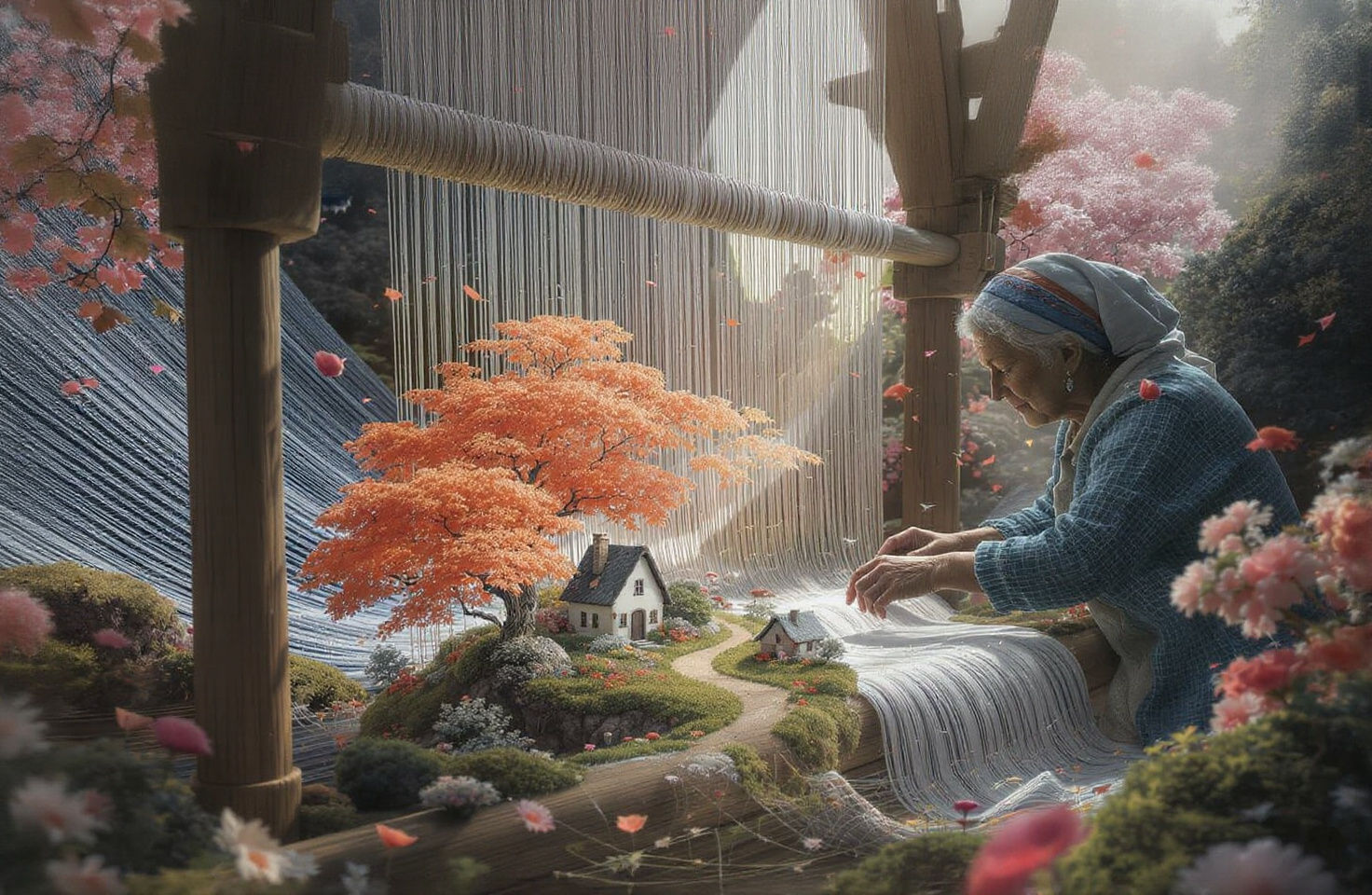 Old Woman Weaves Miniature Landscape Inside Loom