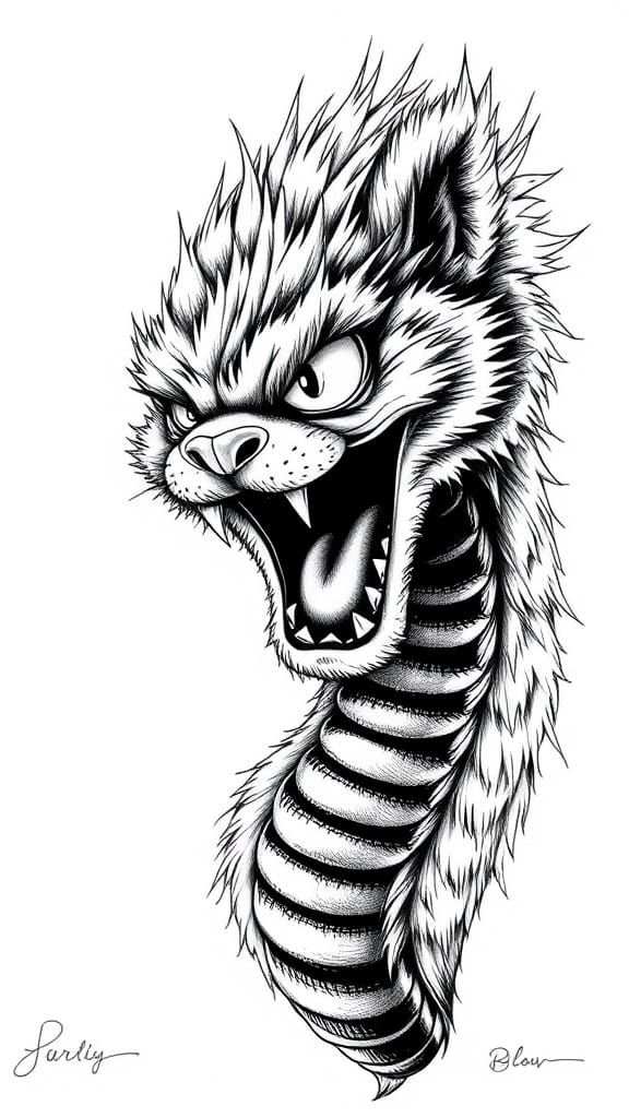 Hyper Realistic Furry Snake with Furby Head in Ink Line Draw...