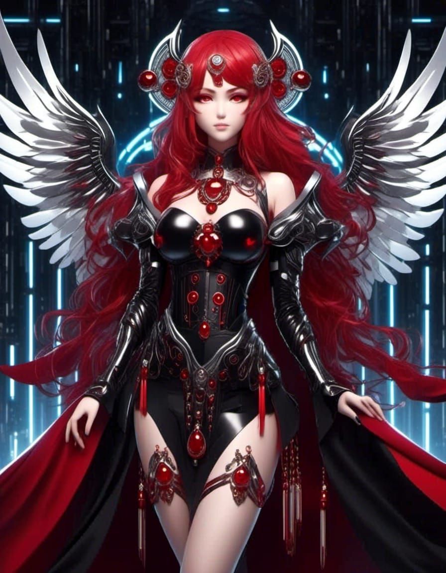 Symmetrical Anime Goddess, flowing blood red hair, ruby red eyes, metallic black angel wings, Red & black with steel acc...