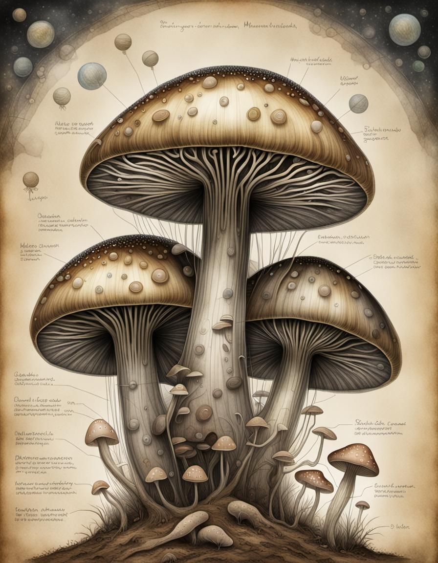 Intricate Non-Euclidean Mushroom Biological Drawing