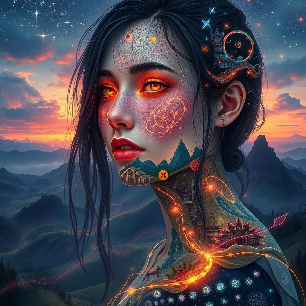 Luminescent Biometric Woman in Fantasy Landscape