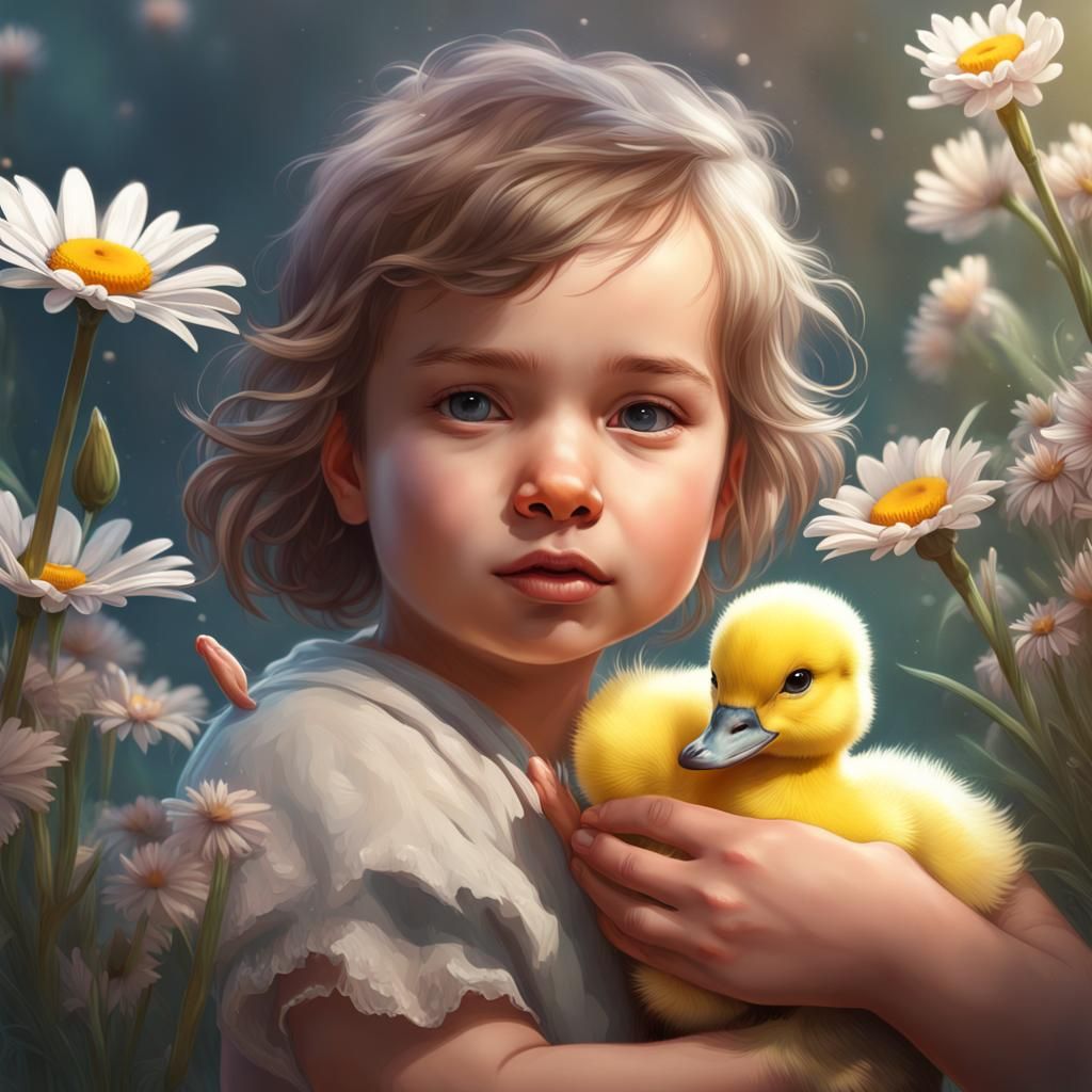 Toddler and Duckling Portrait in Hyperdetailed Style