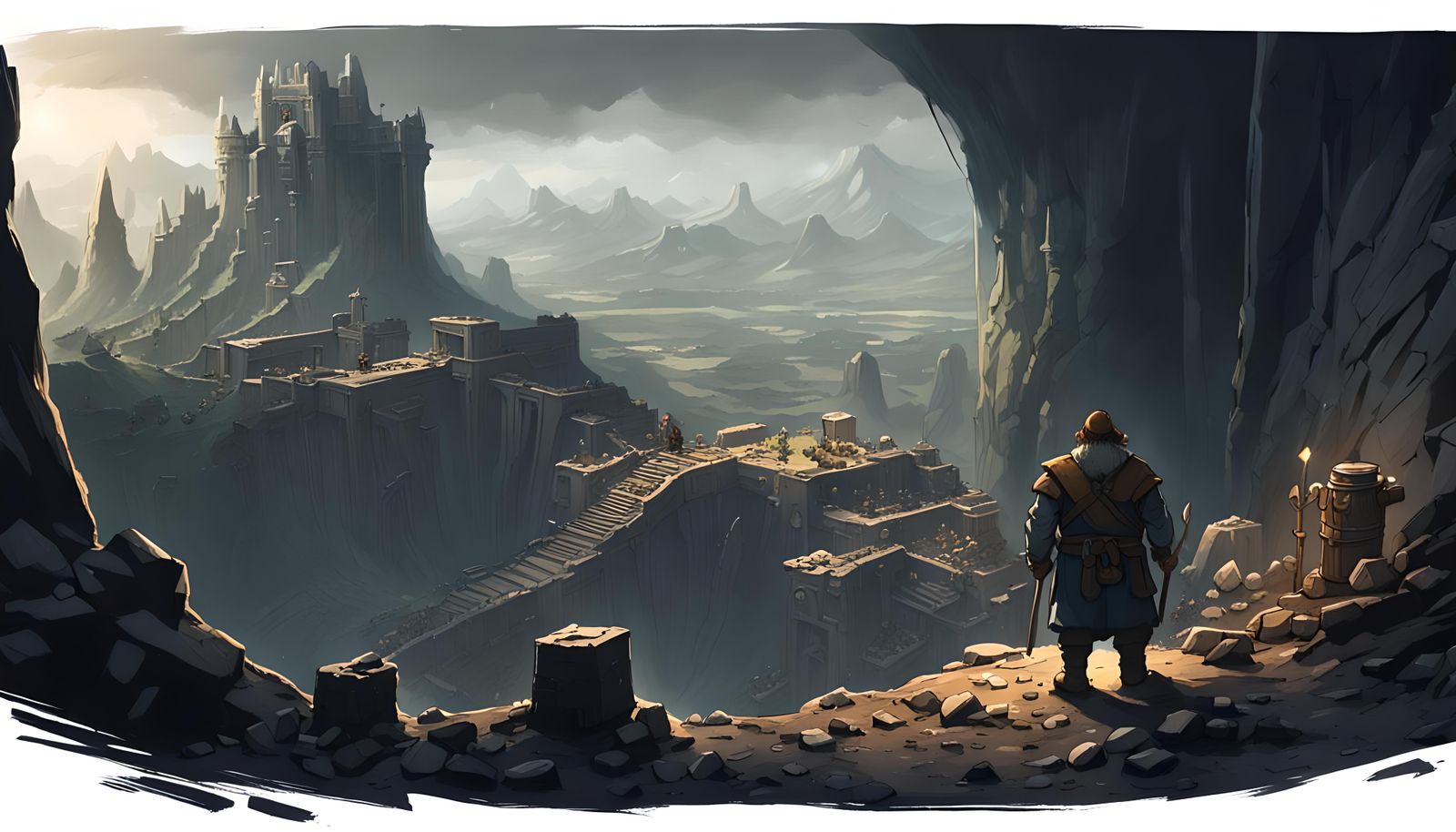 Dwarf Overlooks Ruins of Ancient Mines: Epic Fantasy Art