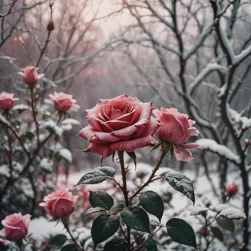 Red Rose with Snow and Pink Hue