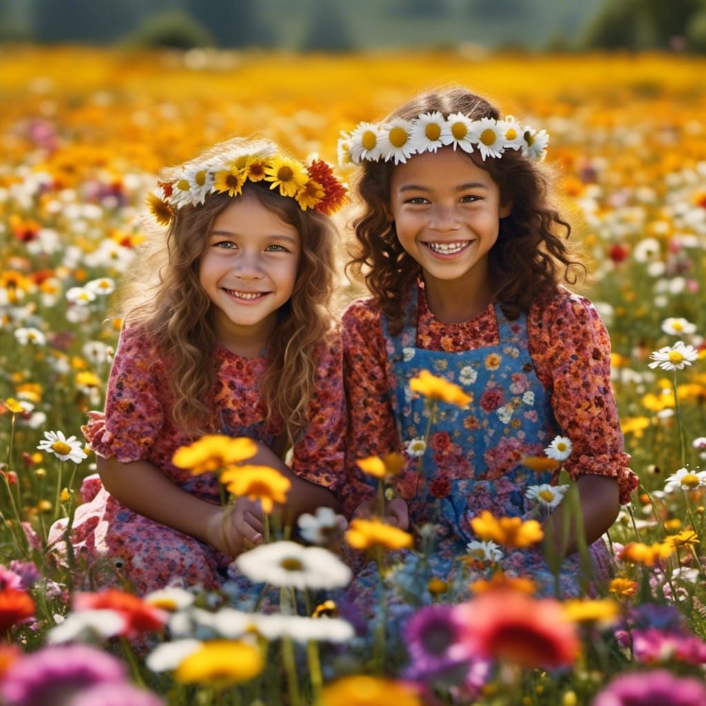 Sisters' Joyful Portrait in Flower Field, Hyperreal Photogra...