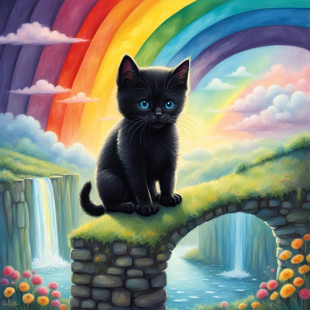 Black Kitten and Rainbow Bridge: Dreamcore Illustration