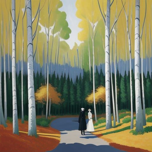 Vibrant Fauvist Forest Scene with Glowing White Trees