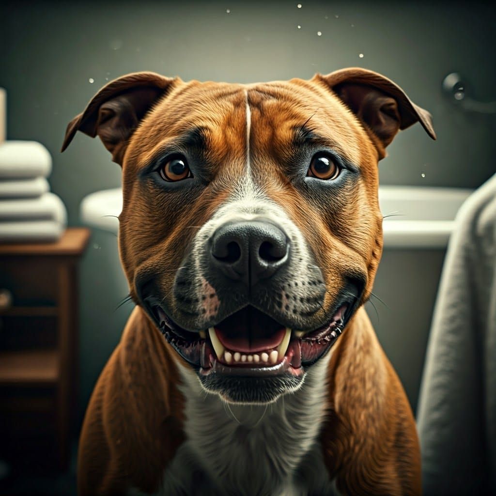 Happy American Staffy Enjoying Bath Time