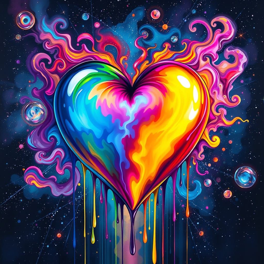 Iridescent Rainbow Heart Melts into Cosmic Galaxy
