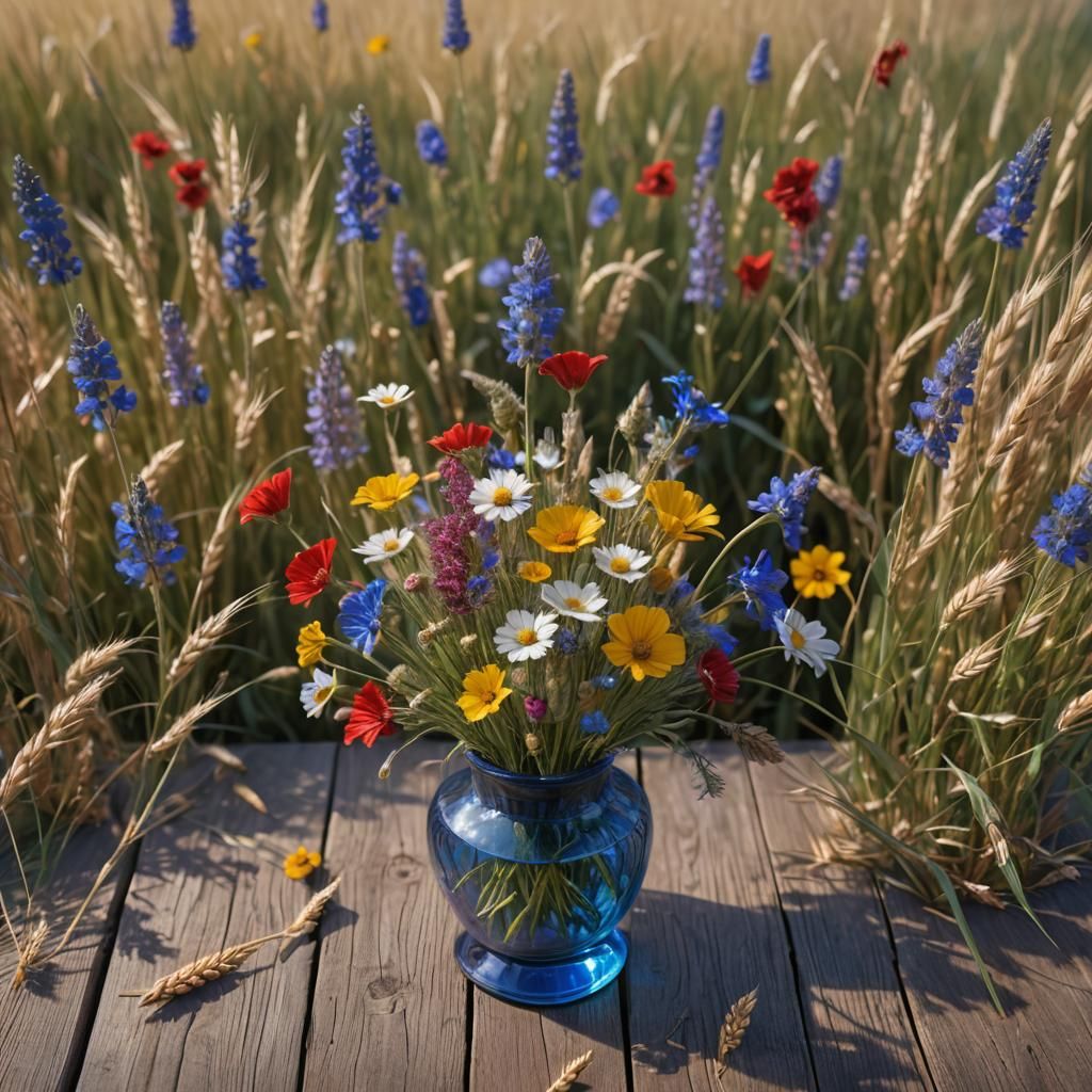 Wildflowers in Blue Vase: Detailed Matte Painting
