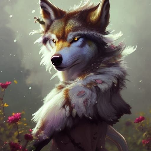Floral Fur Wolf Portrait in Fantasy Style