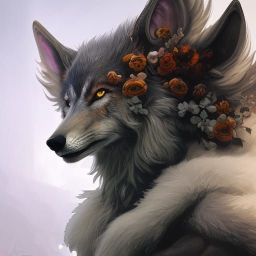 Fantasy Wolf Portrait with Floral Fur in Digital Art