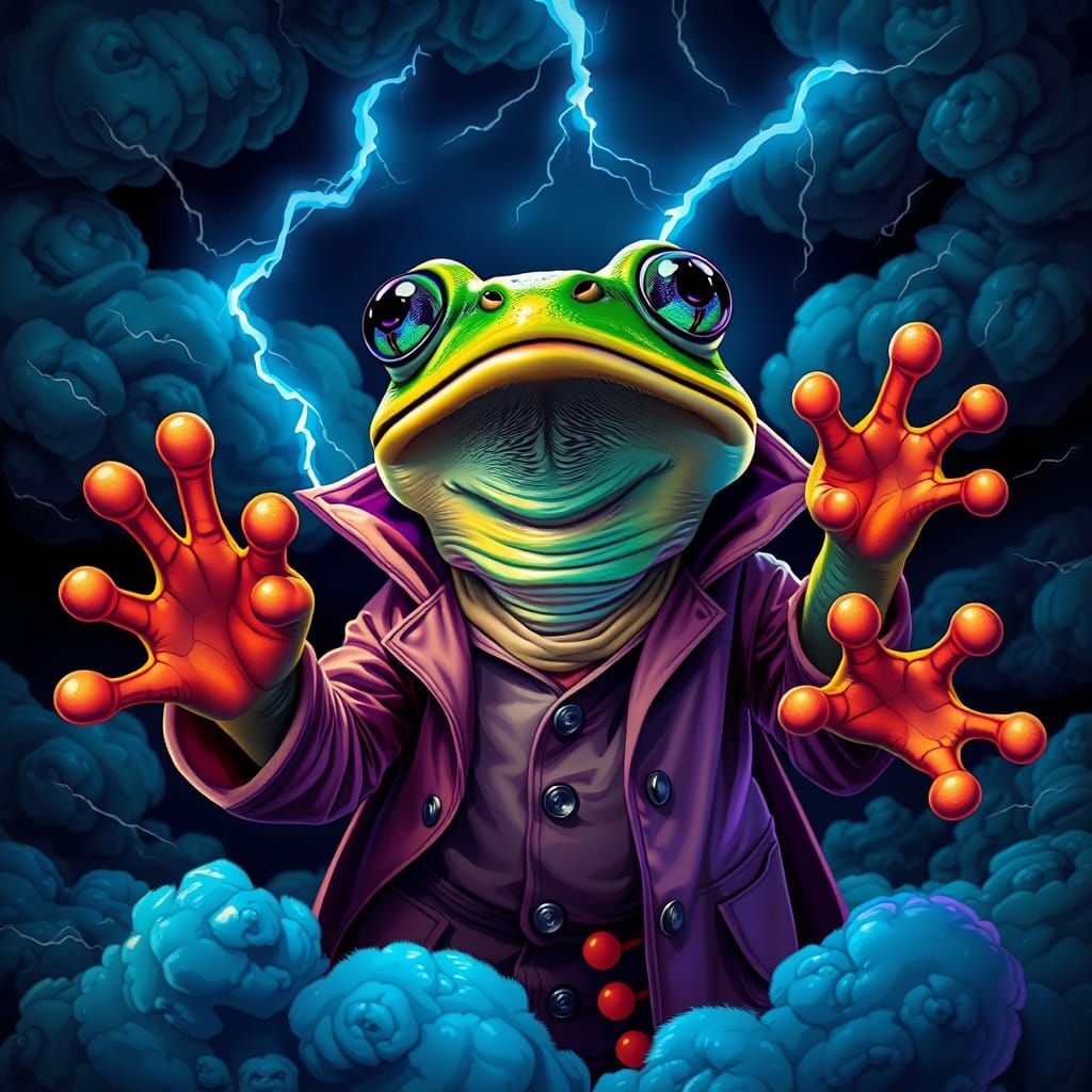 Psychedelic Frog Controls Weather in Digital Art Style
