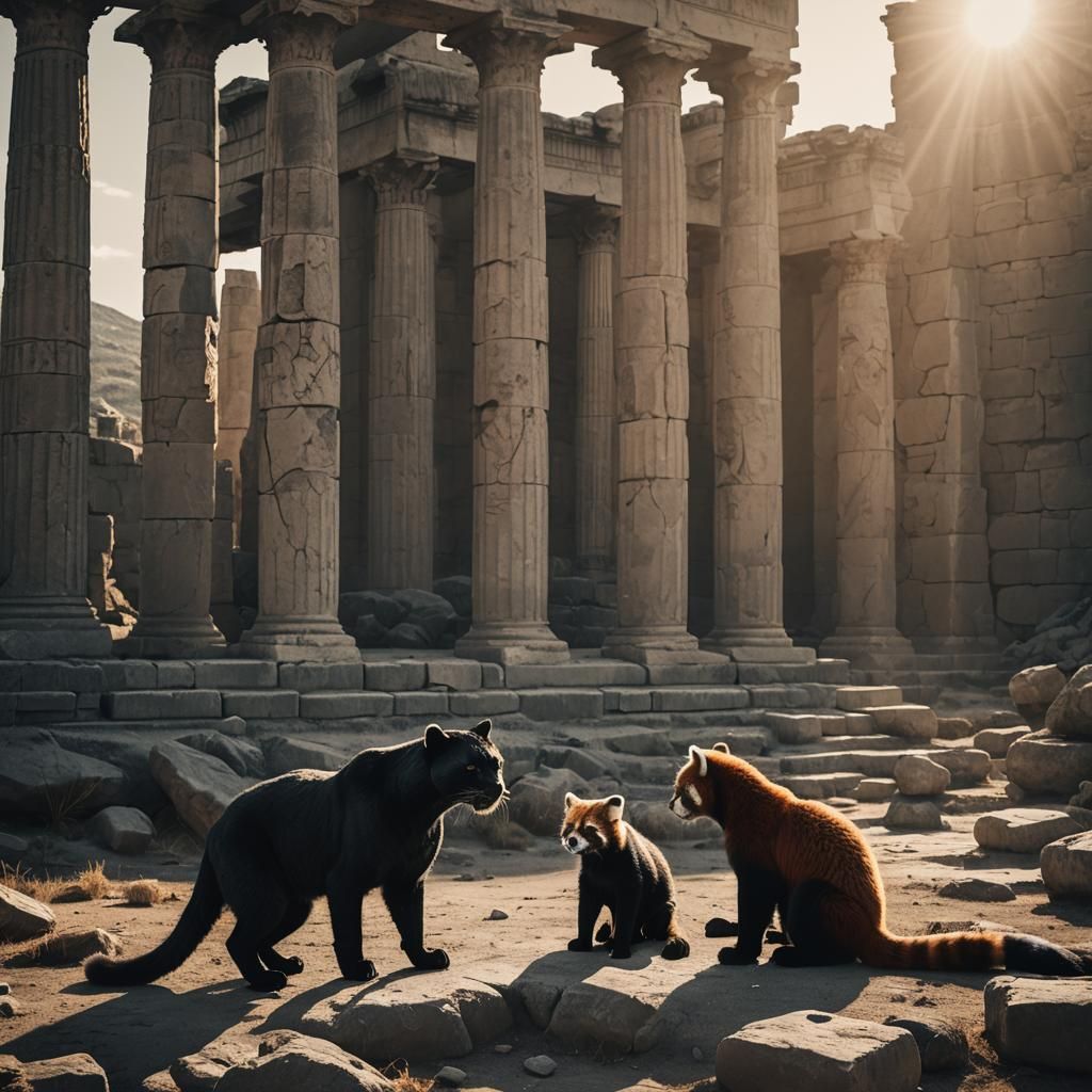 Black Panther and Red Panda in Ancient Ruins
