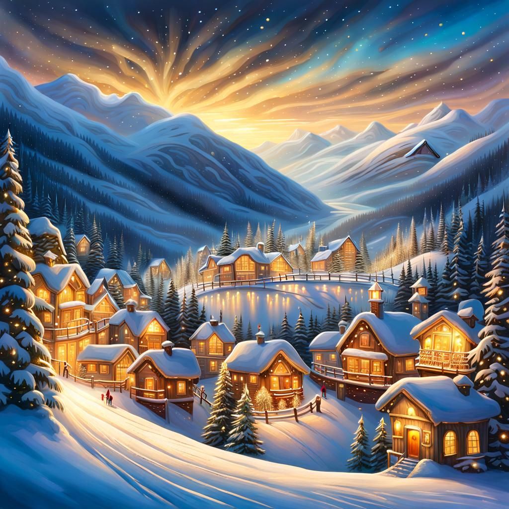 Snowy Ski Village with Golden Lights and Glitter