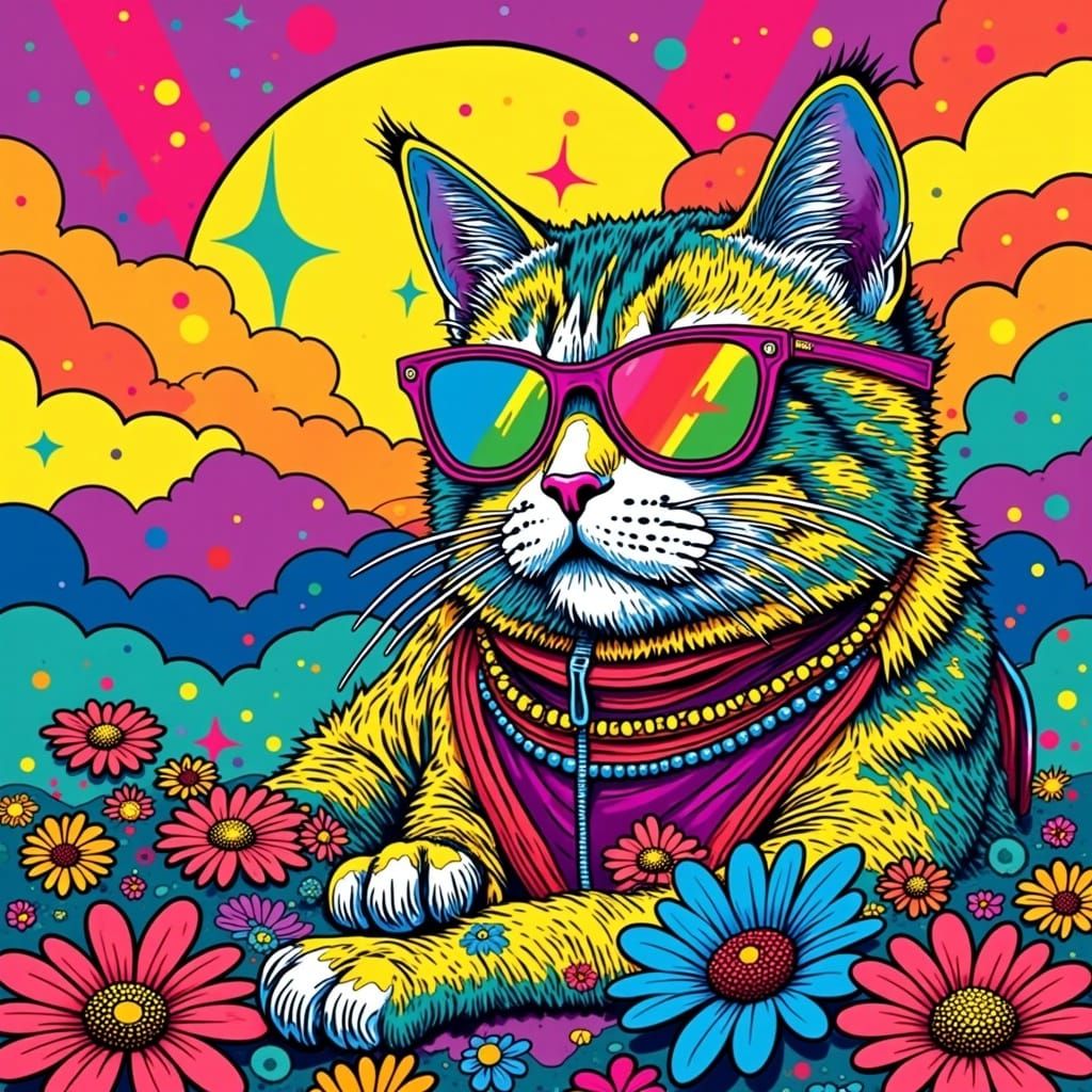Hippy Cat with Psychedelic Glasses in Pop Art Style