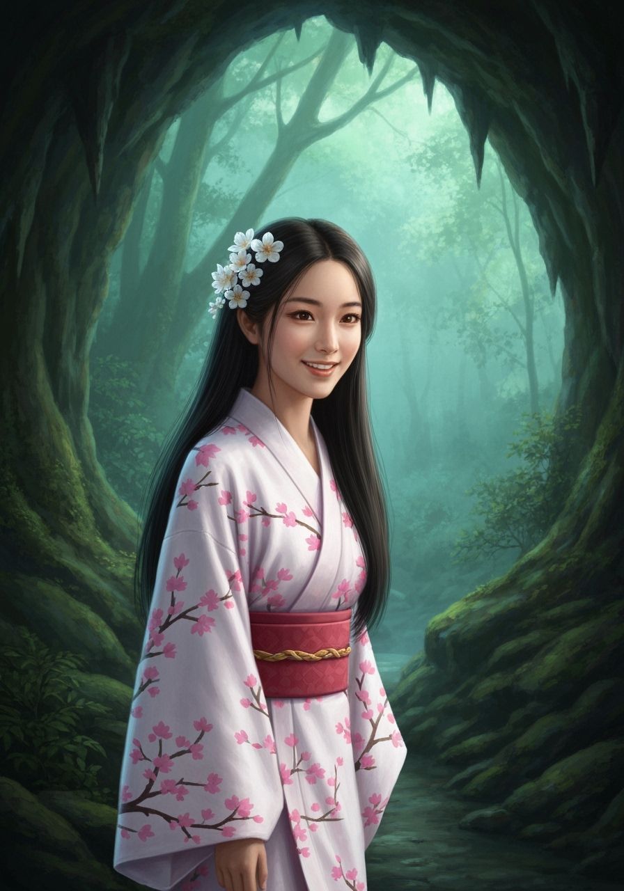 Ancient Japanese Woman in Sakura Kimono, Ethereal Art